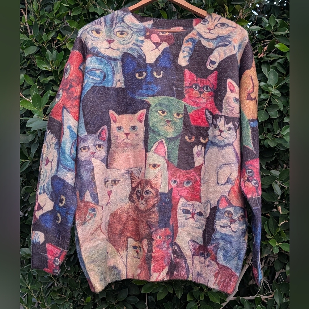 Multicolor Cat Pattern Women's Sweater - image 1